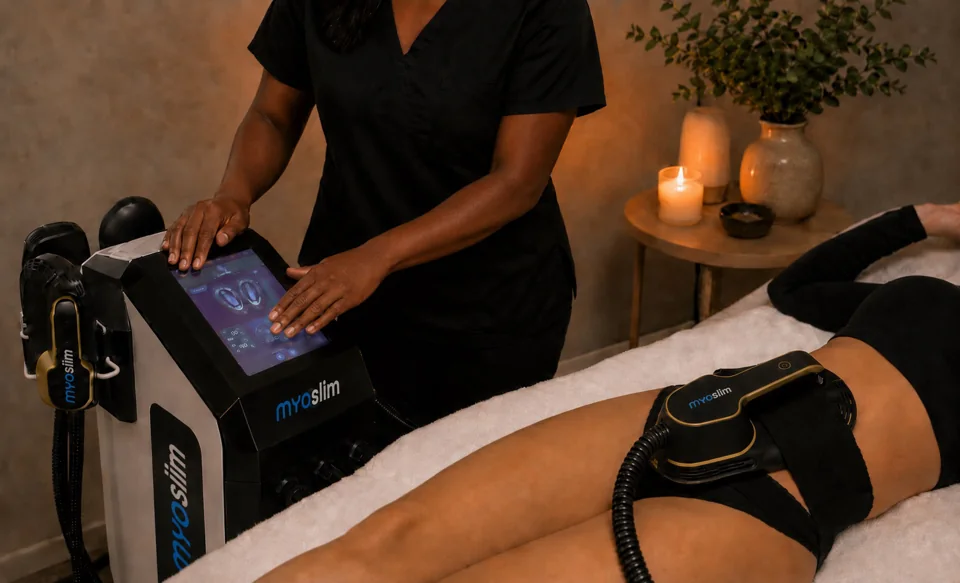 A practitioner preparing EMS applicators for a client resting on a treatment bed.
