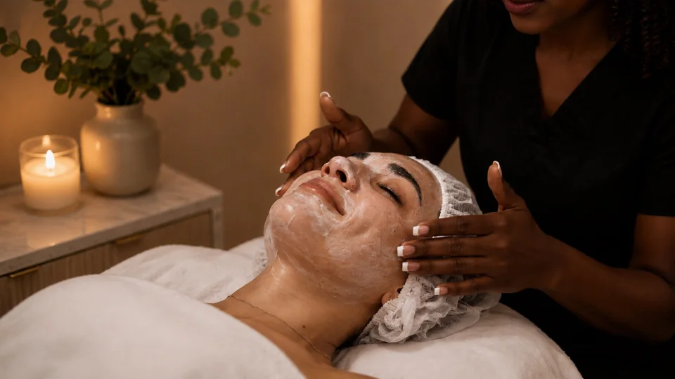 A practitioner applying a facial treatment to a client in a warm, softly lit room.