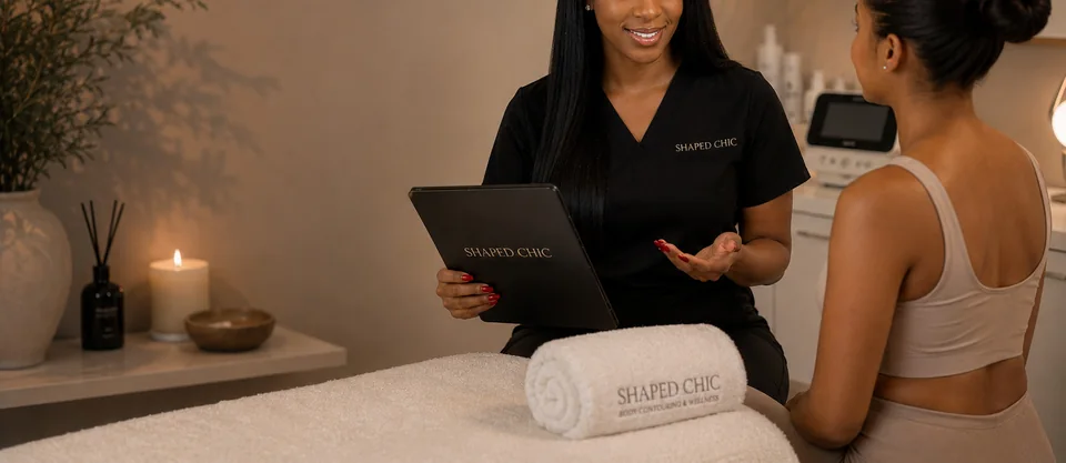Krystle discussing a personalised treatment plan with a client at ShapedChic.