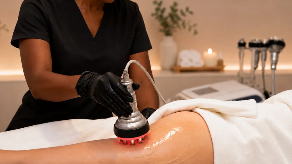 A ShapedChic practitioner carefully applying a radiofrequency handpiece to the abdomen.